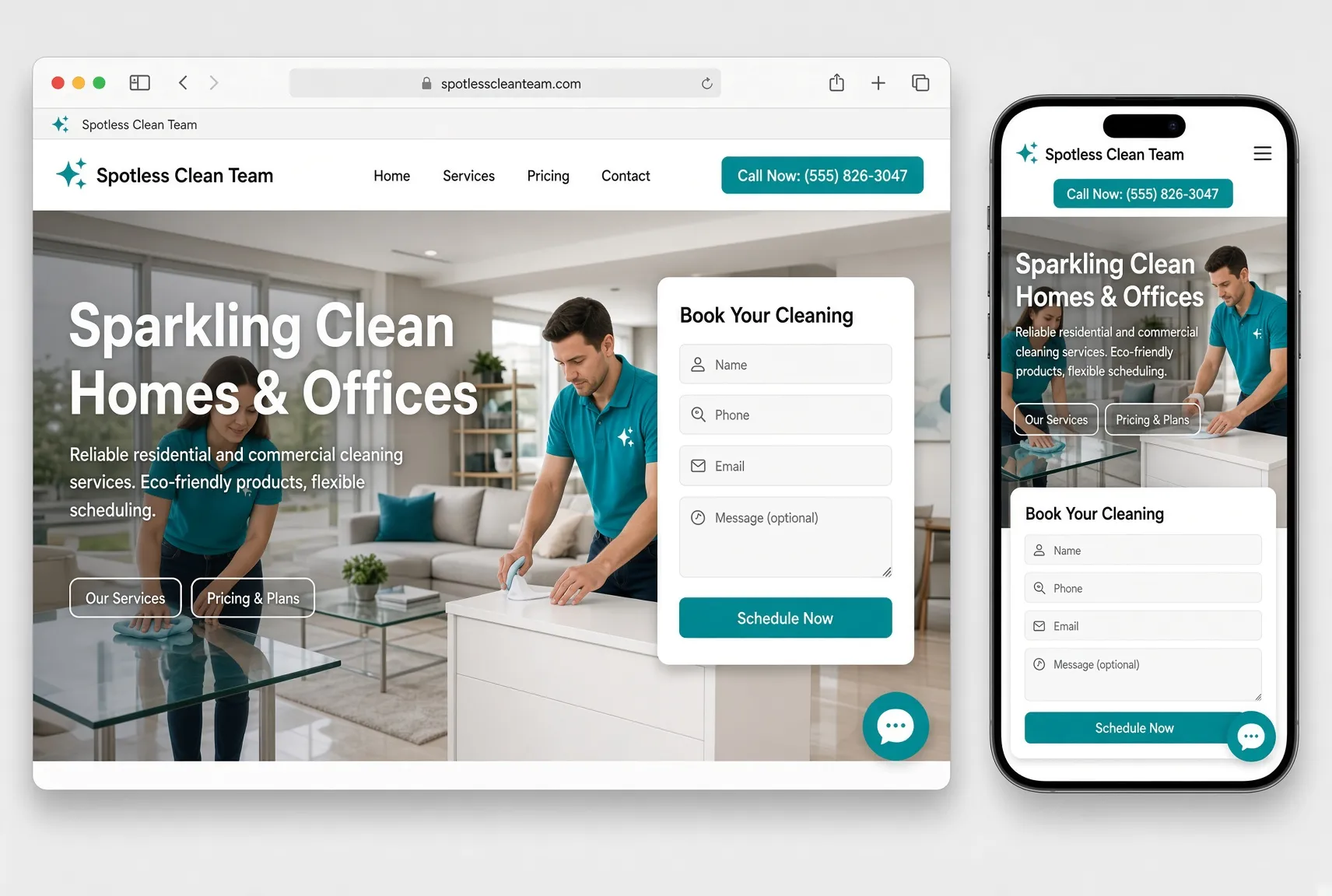 Responsive cleaning services website shown on desktop and mobile