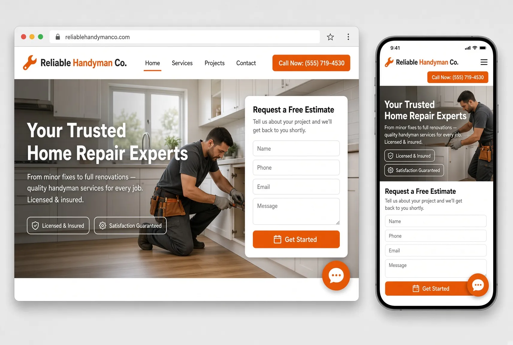 Responsive handyman website shown on desktop and mobile