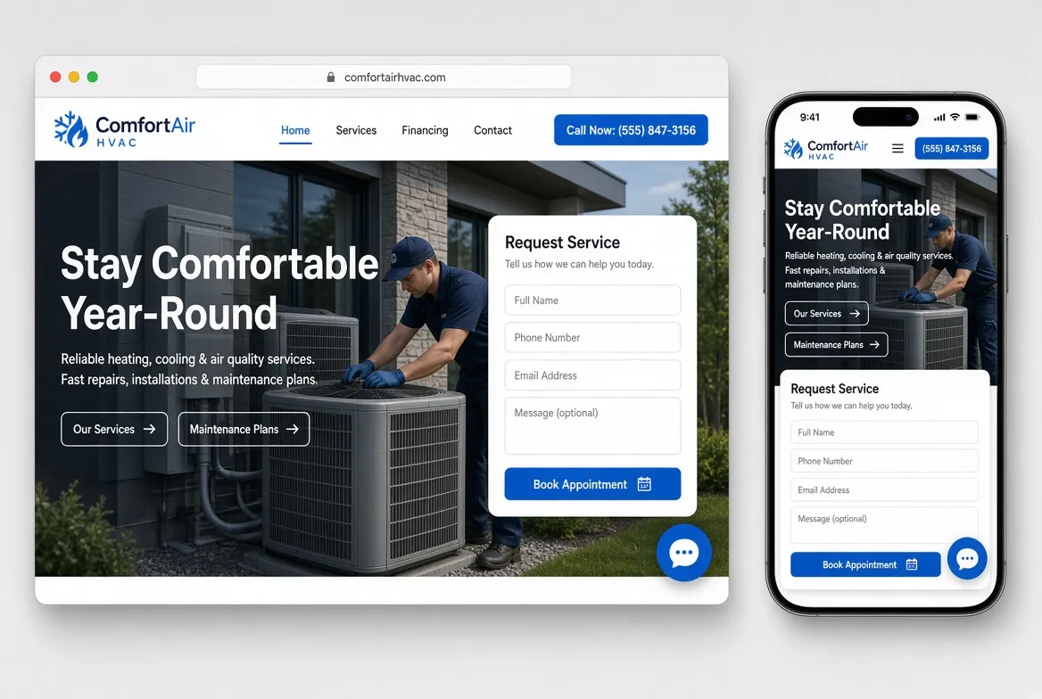 Responsive HVAC website shown on desktop and mobile