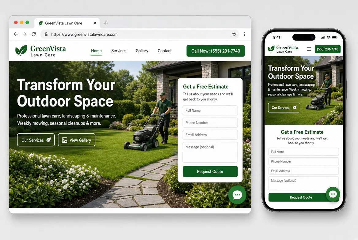 Responsive landscaping website shown on desktop and mobile
