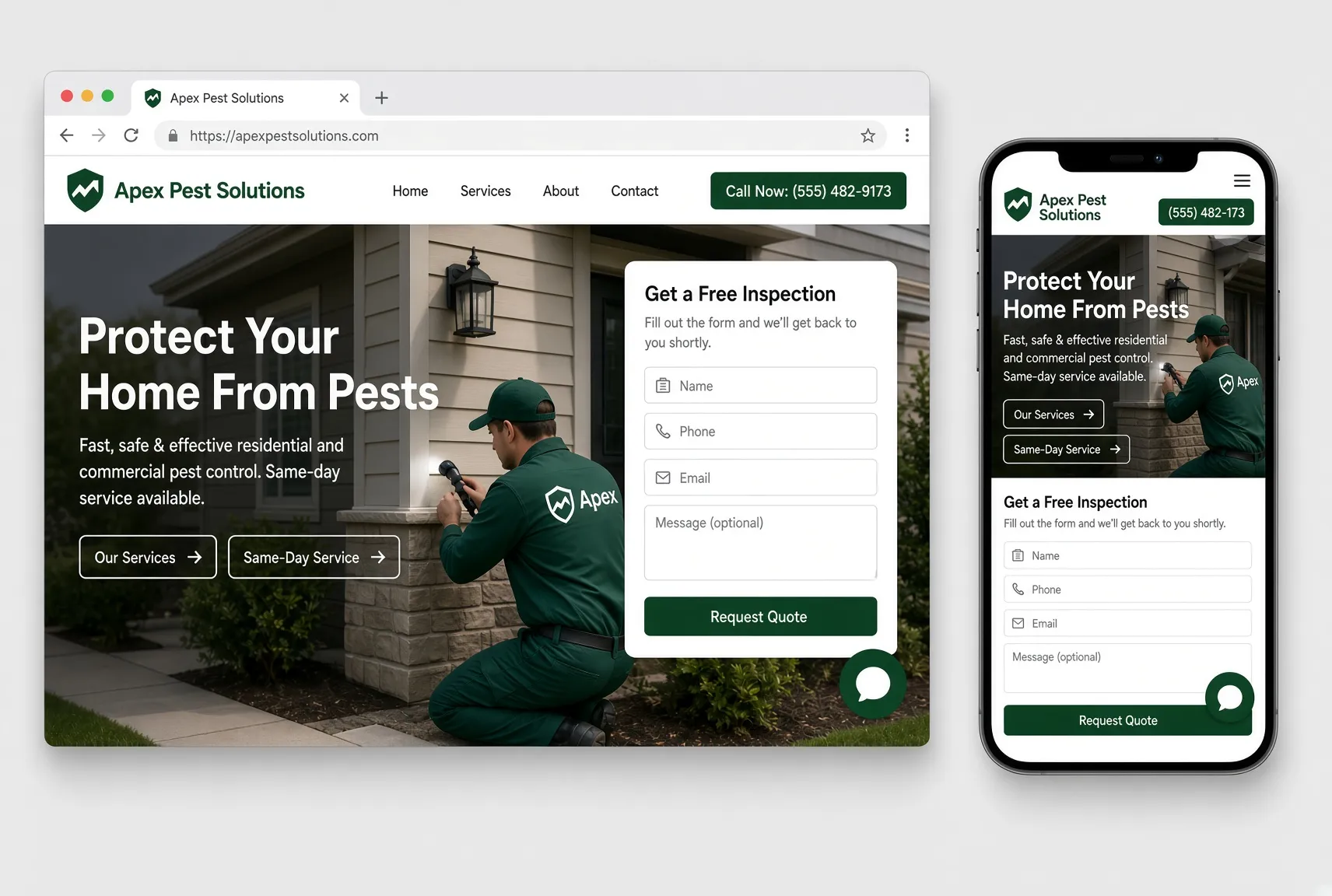 Responsive pest control website shown on desktop and mobile
