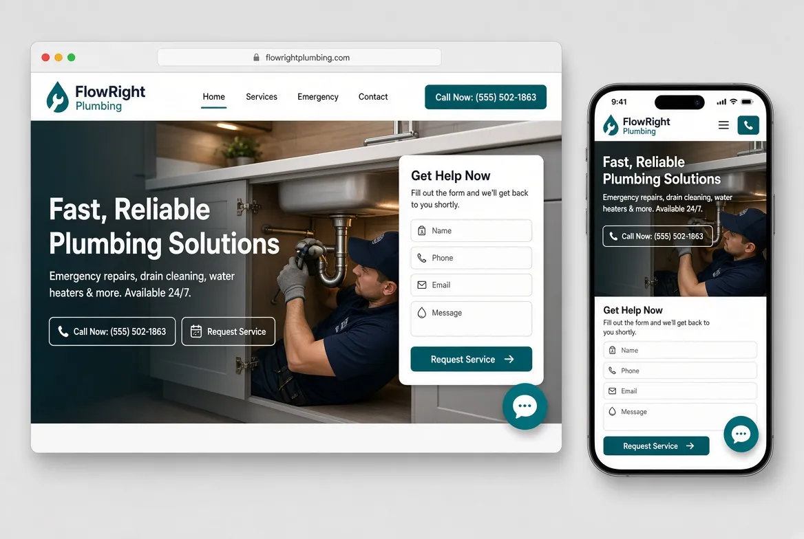 Responsive plumbing website shown on desktop and mobile