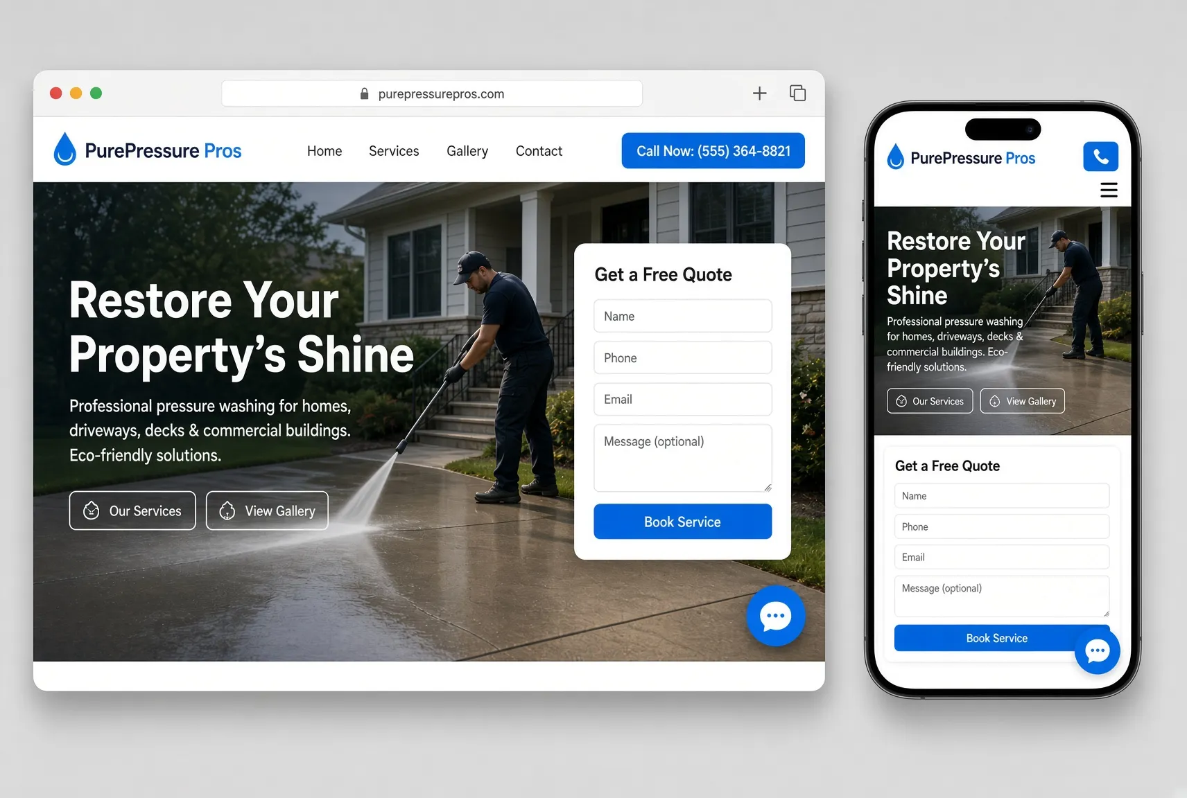 Responsive pressure washing website shown on desktop and mobile