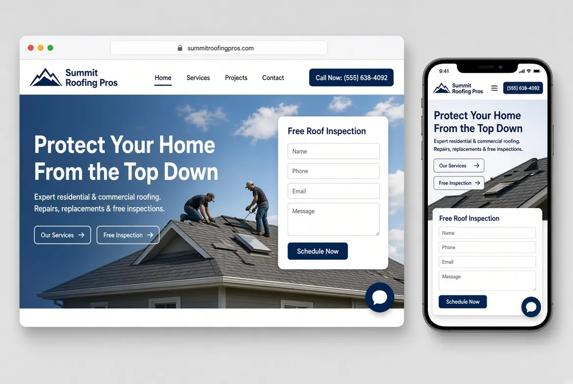 Responsive roofing website shown on desktop and mobile